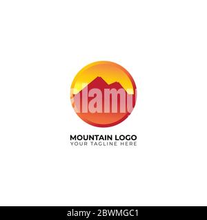 Nature or Outdoor sports logo design template isolated on white color background. Silhouette of mountain inside of ellipse shape logo design concept. Stock Vector