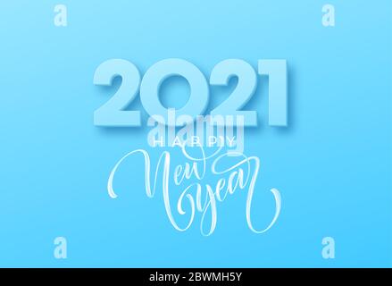 2021 Happy new year brush lettering on the blue background. Vector illustration Stock Vector