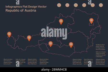 Infographics Austria map outline, flat design, color blue orange vector Stock Vector