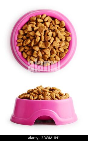 Dry cat food in pink bowl isolated on white, clipping path included Stock Photo