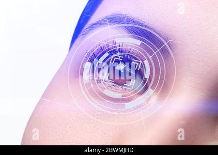 Modern cyber woman with technolgy eye looking. The young woman 's eye is close-up. The concept of the new technology is iris recognition. Stock Photo