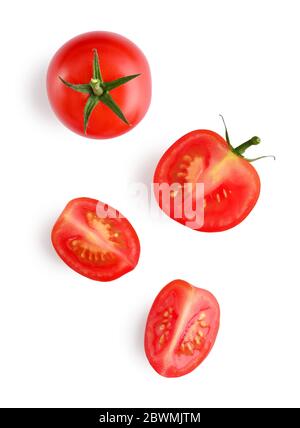 Fresh red cherry tomatoes isolated on white background, top view. Clipping path included Stock Photo