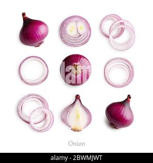 Set of red onion bulbs and onion rings isolated on a white background Stock Photo