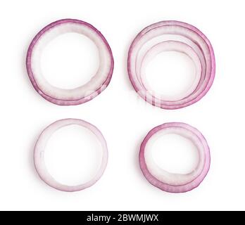 Set of red onion rings isolated on a white background top view. Clipping path included Stock Photo