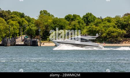 Large yacht of the coast of North Haven, NY Stock Photo