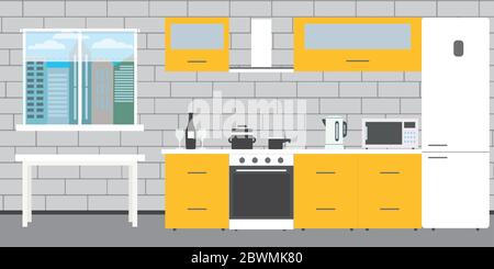 Fashionable kitchen interior on a brick wall background,window and table,flat vector illustration Stock Vector