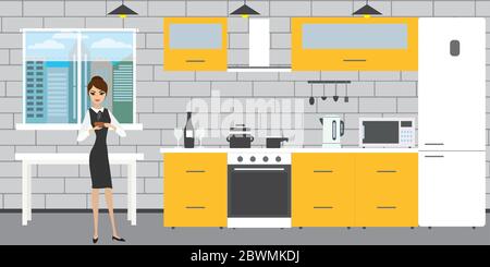 Fashionable kitchen interior on a brick wall background,window and table, caucasian woman with a mug of coffee,flat vector illustration Stock Vector