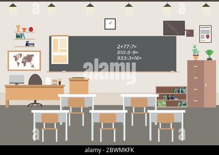 Empty School or college room interior,classroom with furniture,flat vector illustration. Stock Vector