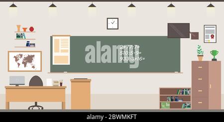 School room interior,classroom with furniture,flat vector illustration. Stock Vector