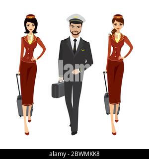 Caucasian Pilot and two flight attendants in the uniform of walking.Aircrew with suitcases. Isolated on white background, vector illustration Stock Vector
