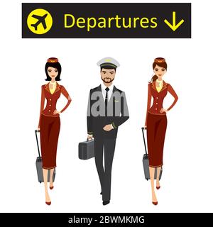 Caucasian or arab Pilot and two flight attendants in the uniform of walking.aircrew with bags,departure sign, Isolated on white background, flat vecto Stock Vector