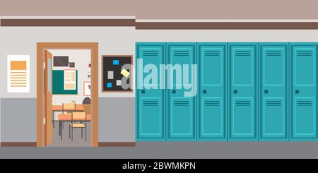 Cartoon empty School interior and open door in classroom, flat vector illustration. Stock Vector
