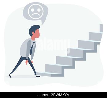 Flat Man Looking at the stair with question of new opportunities or challenges. Stock Vector