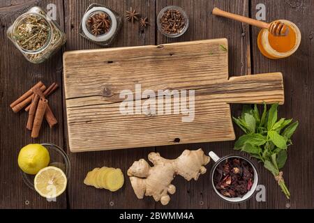 Traditional medicine, old recipes for traditional medicine. Traditional chinese herbs used in alternative herbal medicine, top view Stock Photo