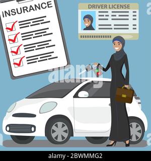 Driving license with arabic woman photo,insurance document,muslim woman with car key and modern white car,flat vector illuatration Stock Vector