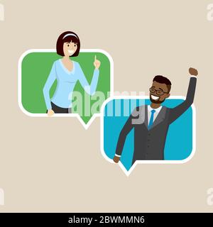 Cartoon businesswoman and businessman in speech bubble, smiling female and male,flat vector illustration Stock Vector