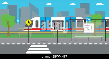 Empty City street and road,modern train or subway,public transport stop,urban life concept,outdoor flat vector illustration. Stock Vector