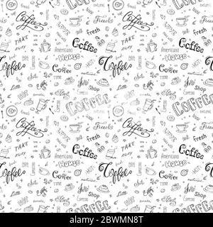 Coffee seamless pattern,hand drawn background with sign and letters,vector illustration Stock Vector