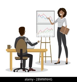 businessmen or office worker sitting in a workplace back view and african american businesswoman presenting new business strategy,isolated on white ba Stock Vector