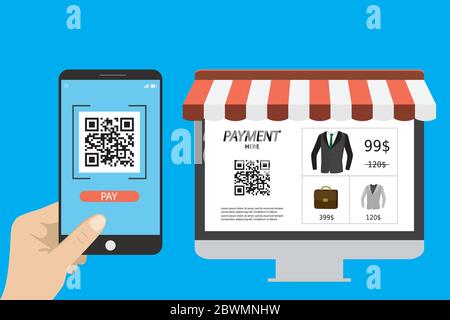 Online shopping,hand holding smart phone with qr scanner app and monitor screen with store application and qr code for payment, flat design, vector il Stock Vector