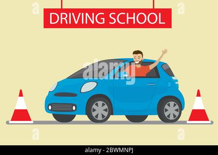happy young caucasian man siting in blue driving school car outdoor. Design concept drivers education,flat style vector illustration Stock Vector
