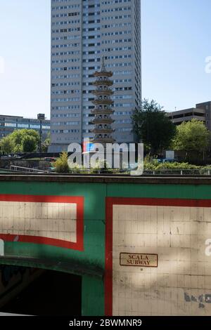 Holloway Circus, where new buildings juxtapose the old pagoda in the city centre of Birmingham virtually deserted under Coronavirus lockdown on 20th May 2020 in Birmingham, England, United Kingdom. This area is a maze of underpasses and pedestrian subways linking various main roads in the city centre. Coronavirus or Covid-19 is a new respiratory illness that has not previously been seen in humans. While much or Europe has been placed into lockdown, the UK government has put in place more stringent rules as part of their long term strategy, and in particular social distancing. Stock Photo