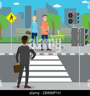 Different pedestrians in a crosswalk,City street view,flat vector illustration Stock Vector