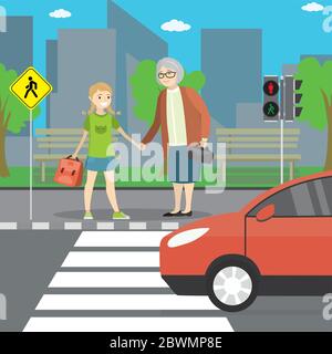 Grandmother and kid crossing the road illustration Stock Vector Image ...