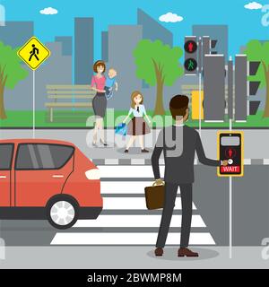 Different pedestrians in a crosswalk,City street view,flat vector illustration Stock Vector