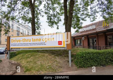 Glasgow, Scotland, UK. 2nd June, 2020. The Pollokshaws branch of McDonald's drive-thru opens today after the relaxing of the restictions of coronavirus lockdown rules. Credit: Skully/Alamy Live News Stock Photo