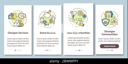 Pros sharing economy onboarding mobile app page screen with concepts Stock Vector