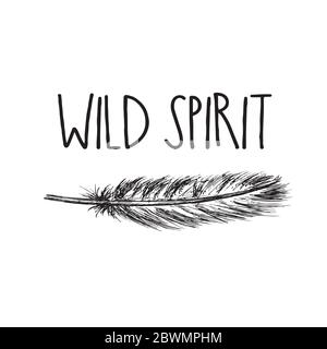 feather with inscription wild spirit. Vintage background. Hand drawn vector illustration Stock Vector