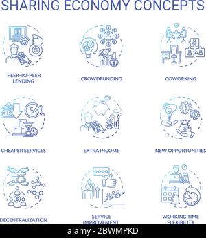 Sharing economy blue gradient concept icons set Stock Vector