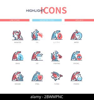 Monster types - line design style icons set Stock Vector