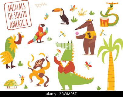 Vector set of funny cartoon hand drawn tropical animals of South America. Stock Vector