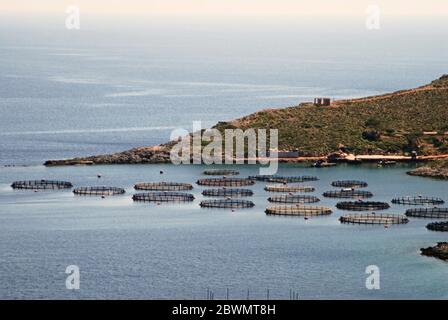 Greece, Kalymnos island, aquaculture settlement, fish-farming. Stock Photo