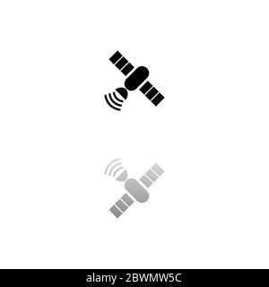 Satelite. Black symbol on white background. Simple illustration. Flat Vector Icon. Mirror Reflection Shadow. Can be used in logo, web, mobile and UI U Stock Vector