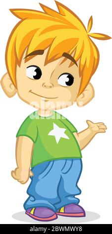 Cute blonde boy waving and smiling. Vector cartoon illustration of a ...