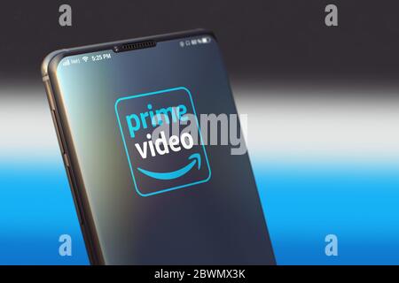 KYIV, UKRAINE-JUNE, 2020: Amazon Prime Video Mobile Application on the Cellphone Screen. CloseUp Studio Shot of Smartphone with Amazon Prime Video Application. Stock Photo