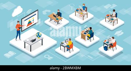 Students in the virtual classroom and teacher using a smart interactive whiteboard, e-learning and online education concept Stock Vector