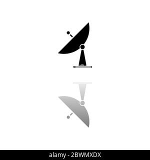 Satellite TV. Black symbol on white background. Simple illustration. Flat Vector Icon. Mirror Reflection Shadow. Can be used in logo, web, mobile and Stock Vector