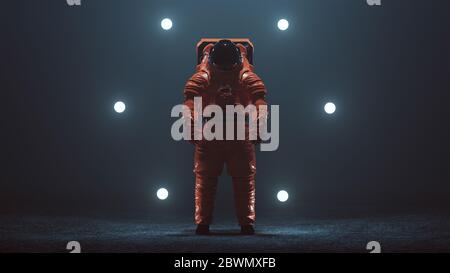 Astronaut in an Orange Space Suit Exploration Mobility Unit Next Generation Spacesuit with Black Visor Standing in a Alien Void 3d illustration Stock Photo