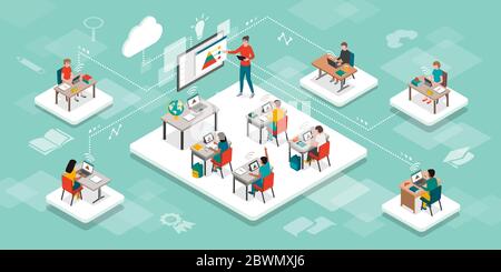 Students in the virtual classroom and teacher using a smart interactive whiteboard, e-learning and online education concept Stock Vector