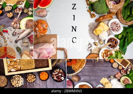 collage of mixed foods with Zinc minerals, healthy food concept Stock Photo