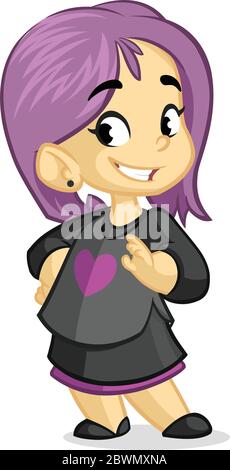 Cute little girl with violet hair dressed in black standing and smiling. Vector cartoon kid character Stock Vector