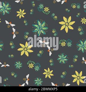 Honey bee and flowers vector seamless pattern background. Hand drawn insect and painterly florals on dark backdrop. Garden wildlife design. All over Stock Vector