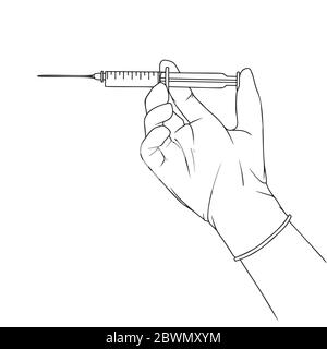 Doctor or scientist hands in latex gloves. Hands in sterile gloves holding syringe. Vector illustration in sketch style. Stock Vector