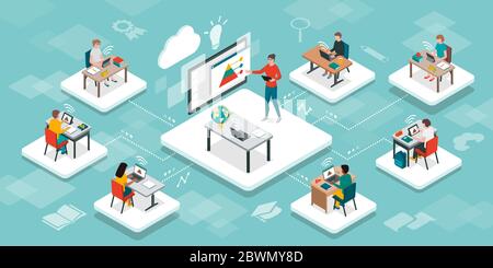 Students in the virtual classroom and teacher using a smart interactive whiteboard, e-learning and online education concept Stock Vector