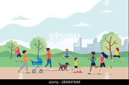 People doing various outdoor activities in the park. Running, on bike, on scooter, walking the dog, exercising, meditating, walking with baby carriage Stock Vector