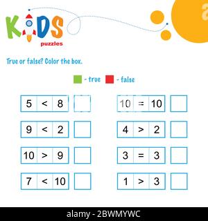True or false math worksheet. Comparing numbers worksheet. Easy worksheet, for children in preschool, elementary and middle school. Stock Vector
